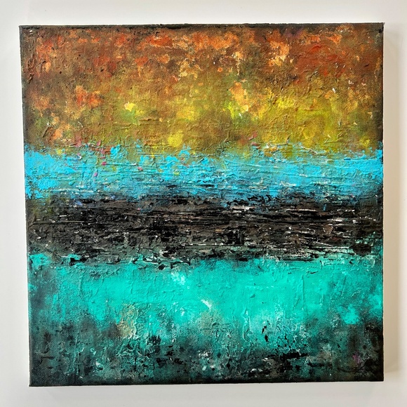 Horizon Awakens - Textured Abstract Acrylic Painting | 12x12 Canvas Bold Colors - Picture 6 of 16